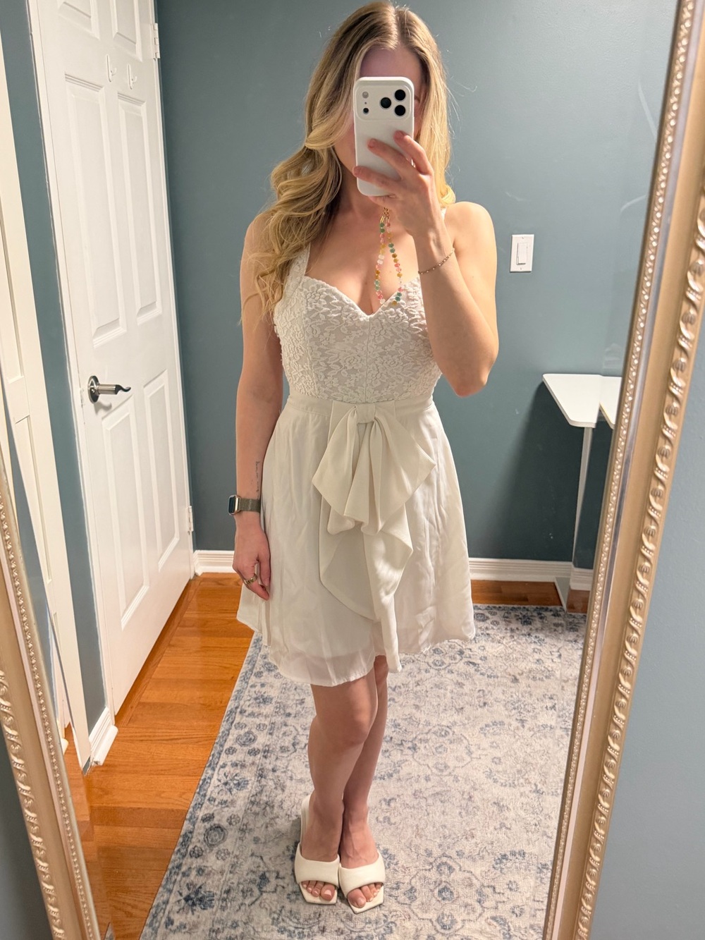YaYa & Co White A-Line Dress with Lace & Bow